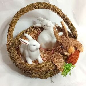 Twine and moss basket with a rabbit and a carrot and glass rabbit figures